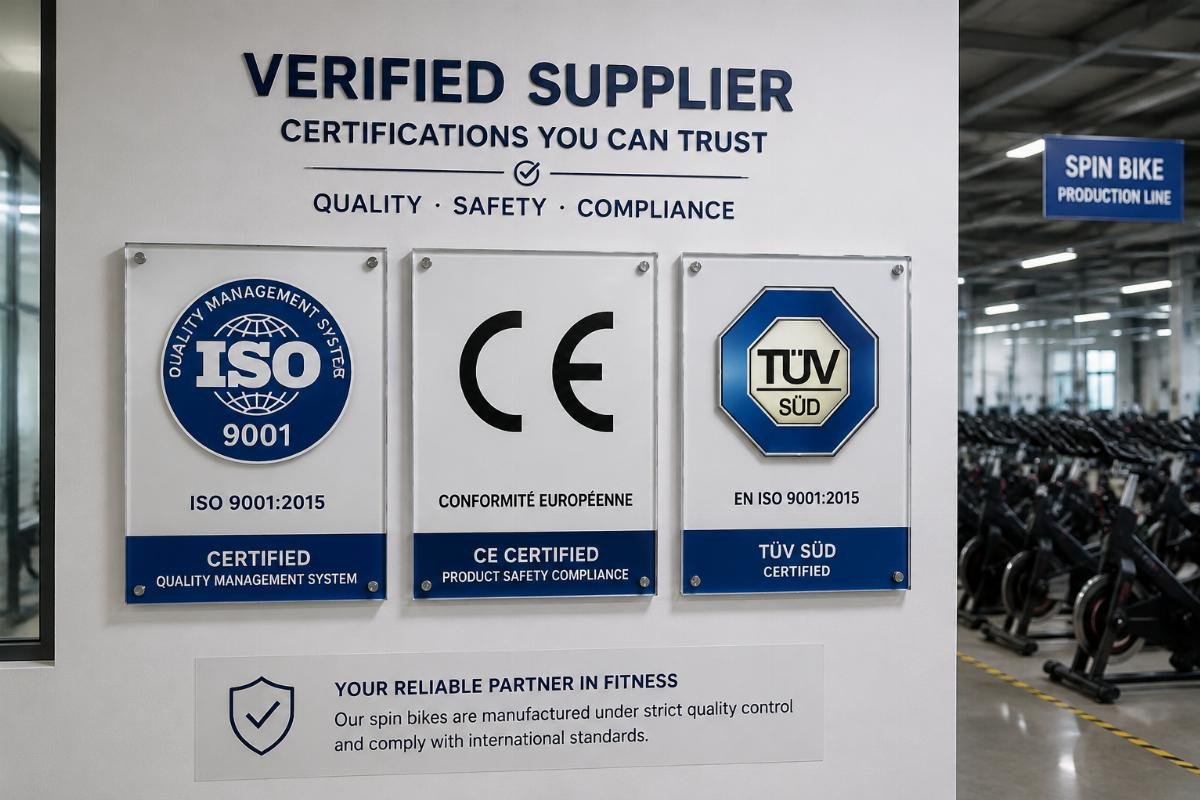 verified supplier certifications for commercial spin bikes Certification badges for ISO 9001, CE, and TüV displayed on a supplier factory wall