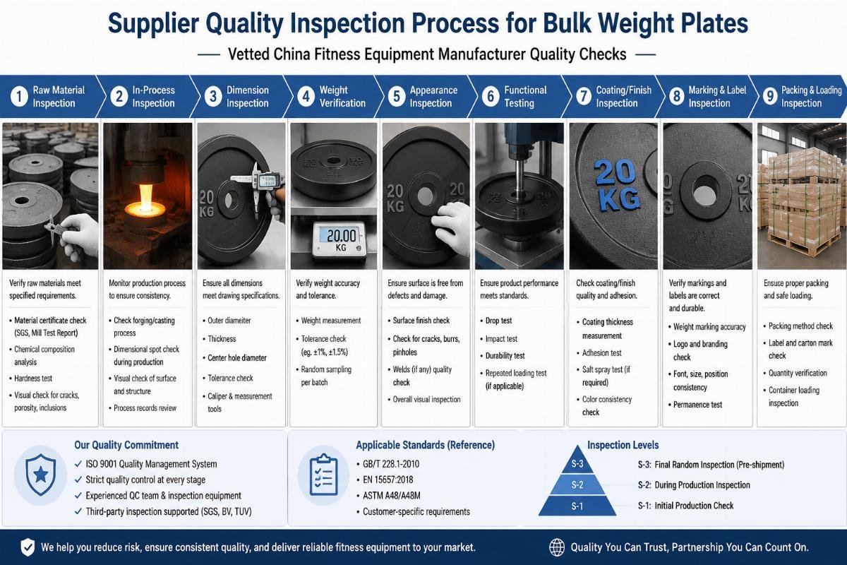 vetted China fitness equipment manufacturer quality checks Supplier quality inspection process for bulk weight plates