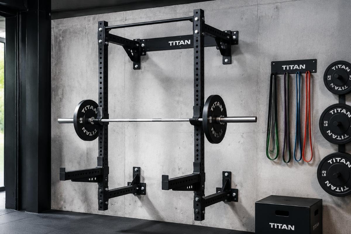 Wall-mounted commercial half rack on reinforced wall Wall-mounted commercial half rack installed on a reinforced gym wall