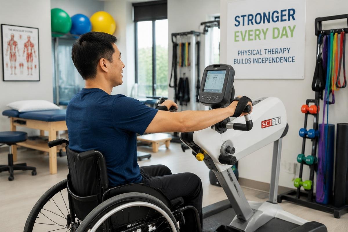 A wheelchair user using an adaptive arm ergometer in a physical therapy clinic
