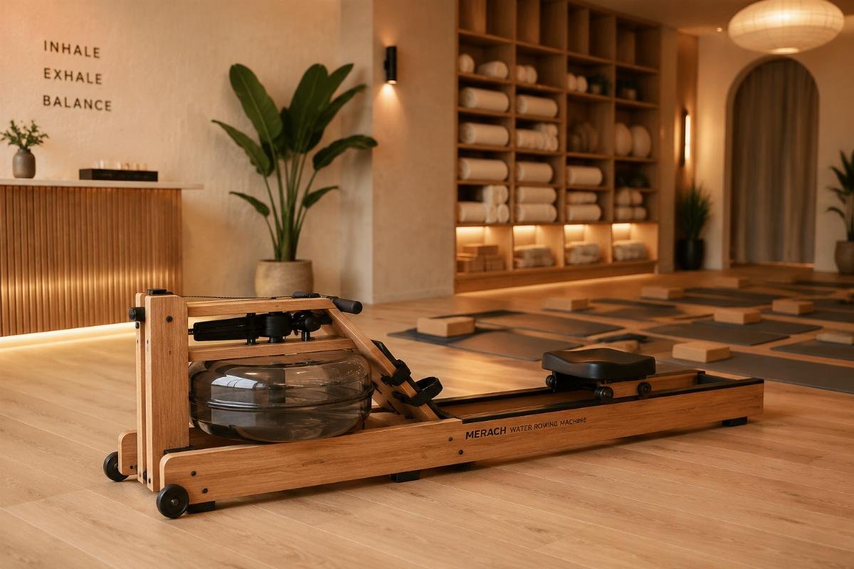 A compact wooden frame water rower placed in a warm-toned boutique yoga and fitness studio space
