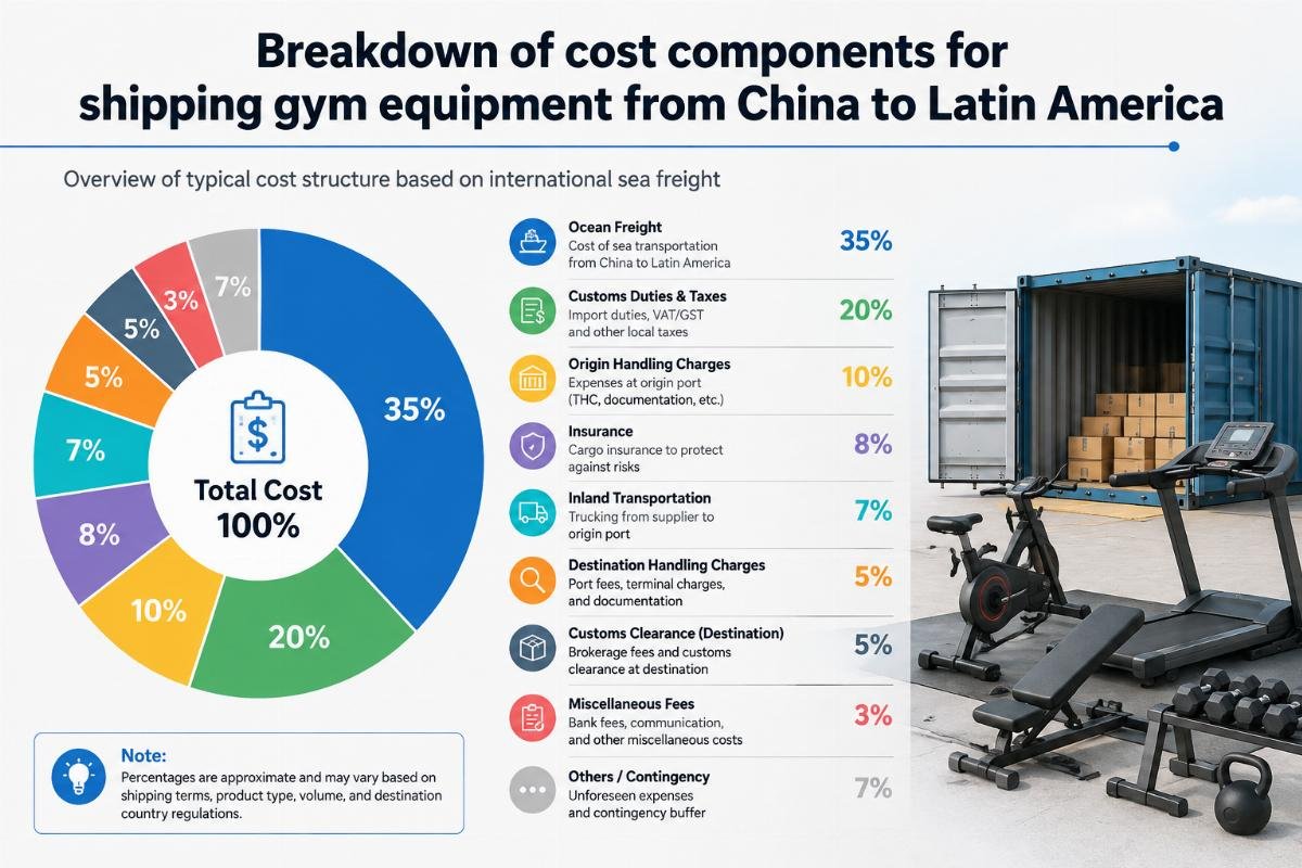 Breakdown of cost components for shipping gym equipment from China to Latin America