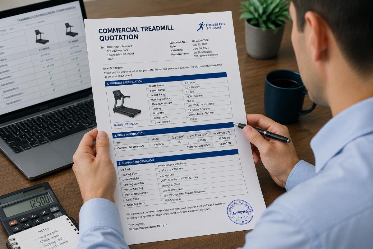 Buyer reviewing a detailed commercial treadmill quotation document with specification and shipping details
