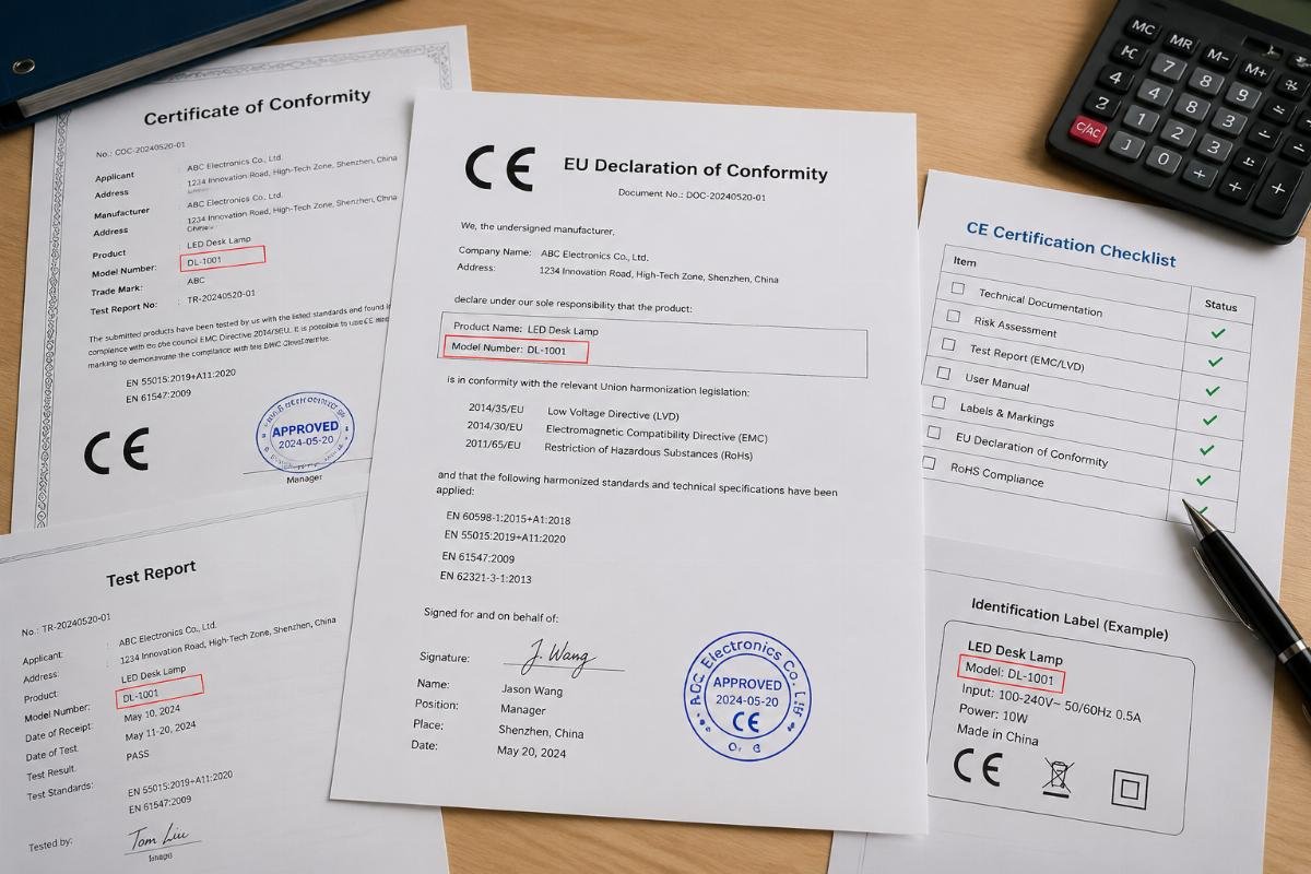 CE certification documents spread on desk showing model number verification