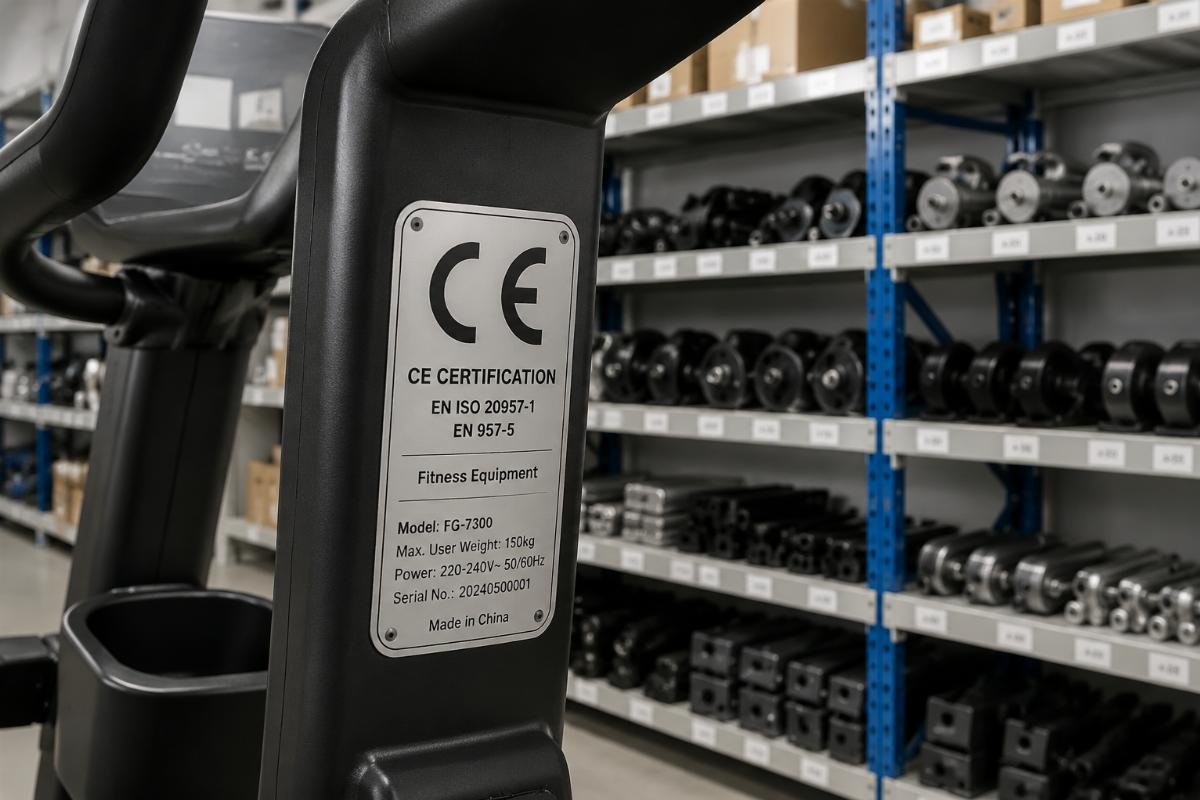 CE certification mark on fitness equipment with spare parts inventory in background