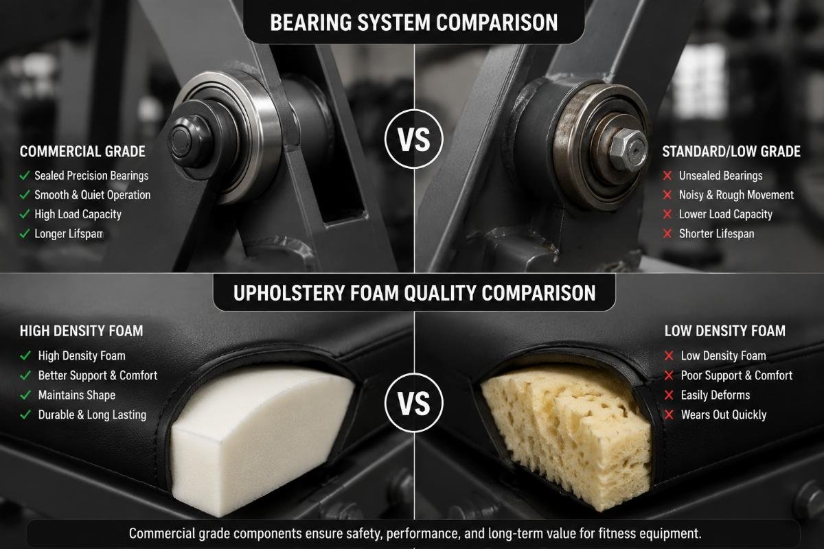 Close-up comparison of bearing systems and upholstery foam quality in commercial fitness equipment