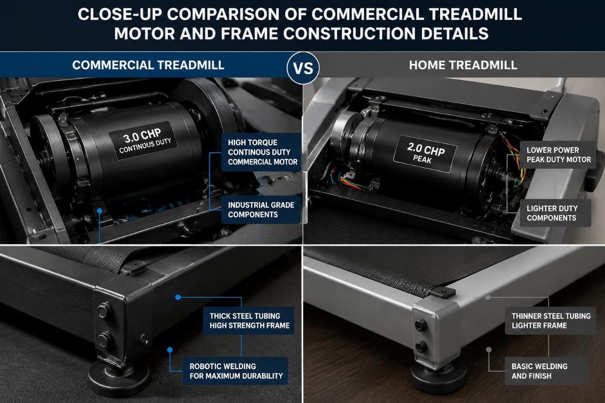 Close-up comparison of commercial treadmill motor and frame construction details