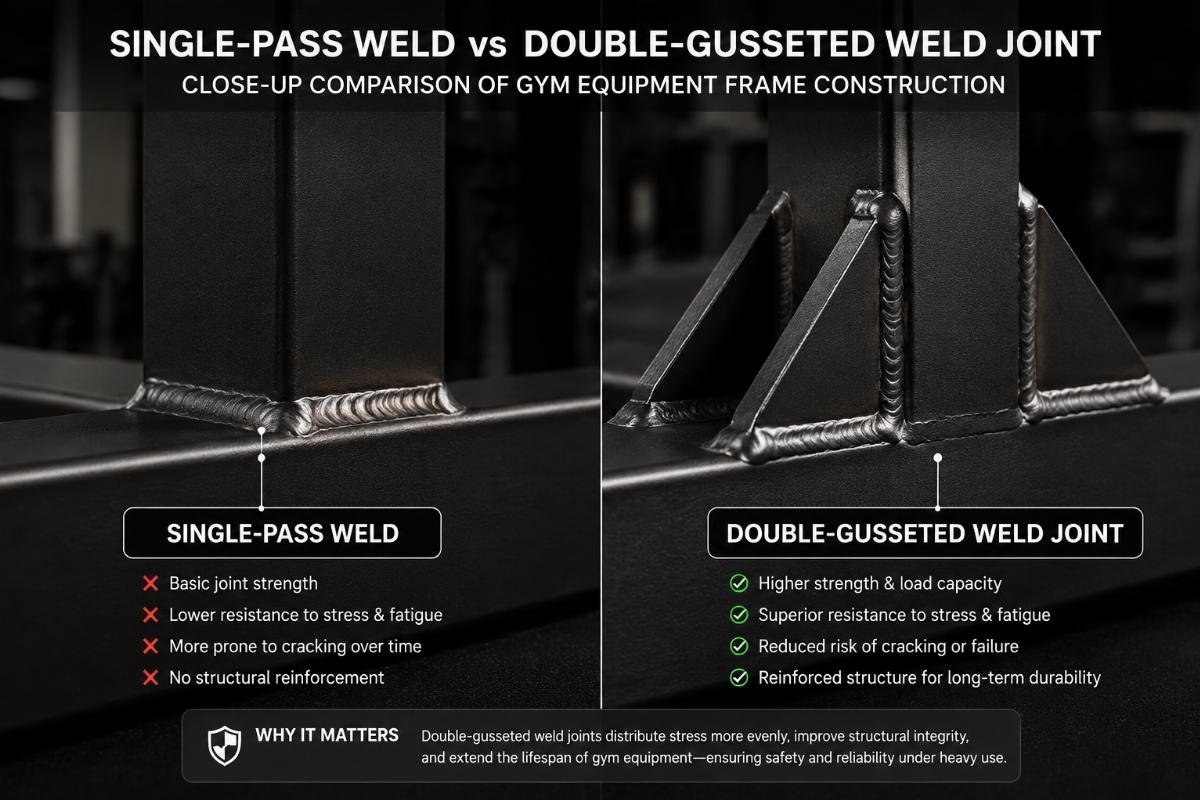 Close-up comparison of single-pass weld versus double-gusseted weld joint on gym equipment frame