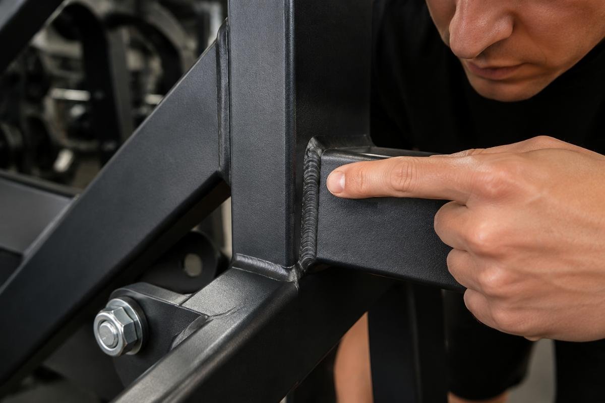 Close-up inspection of welded frame joint on commercial strength equipment