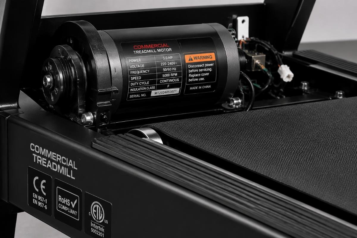 Close up of a commercial treadmill motor and running deck showing heavy duty construction and certification labels