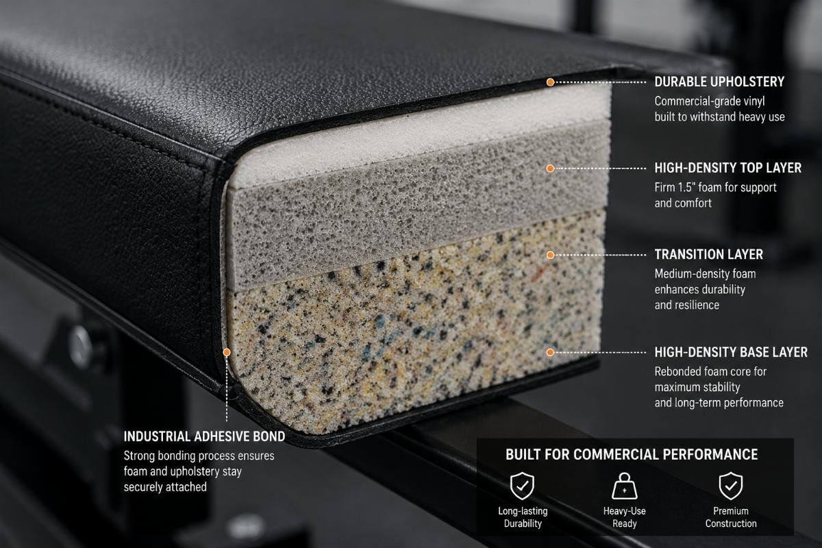 Close-up of commercial Olympic bench foam cross-section showing density layers and upholstery bonding