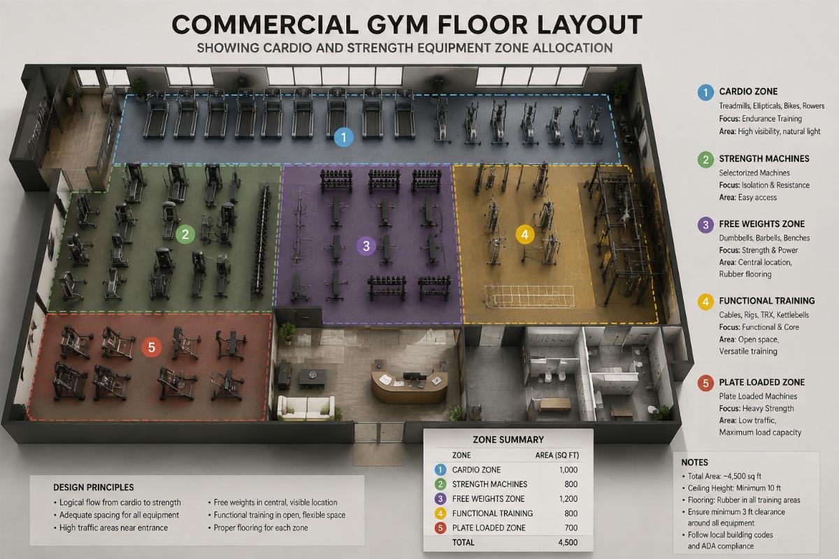 Commercial gym floor layout showing cardio and strength equipment zone allocation