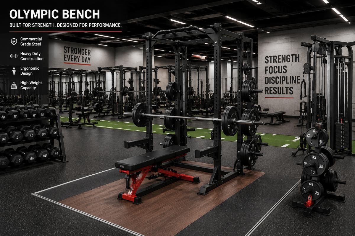 Commercial gym floor layout showing Olympic bench for sale integrated with power racks, free weight stations, and cable machines