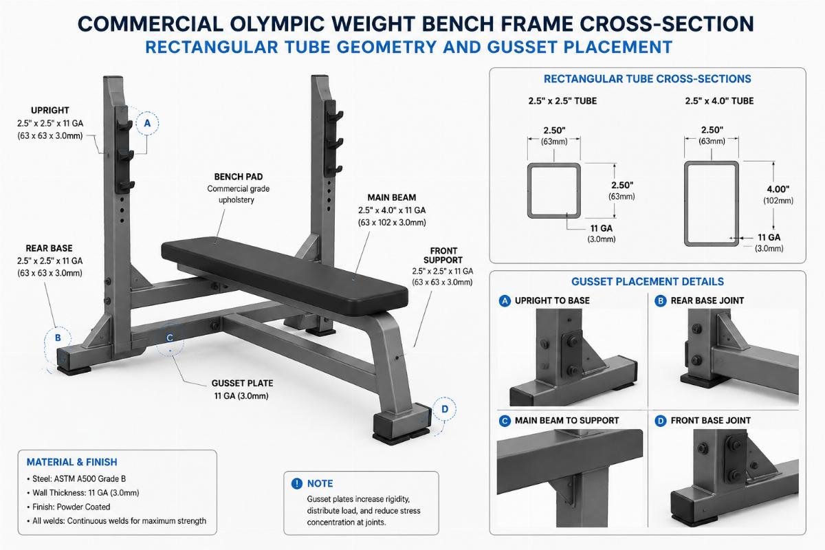 Commercial Olympic weight bench frame cross-section diagram showing rectangular tube geometry and gusset placement at joints