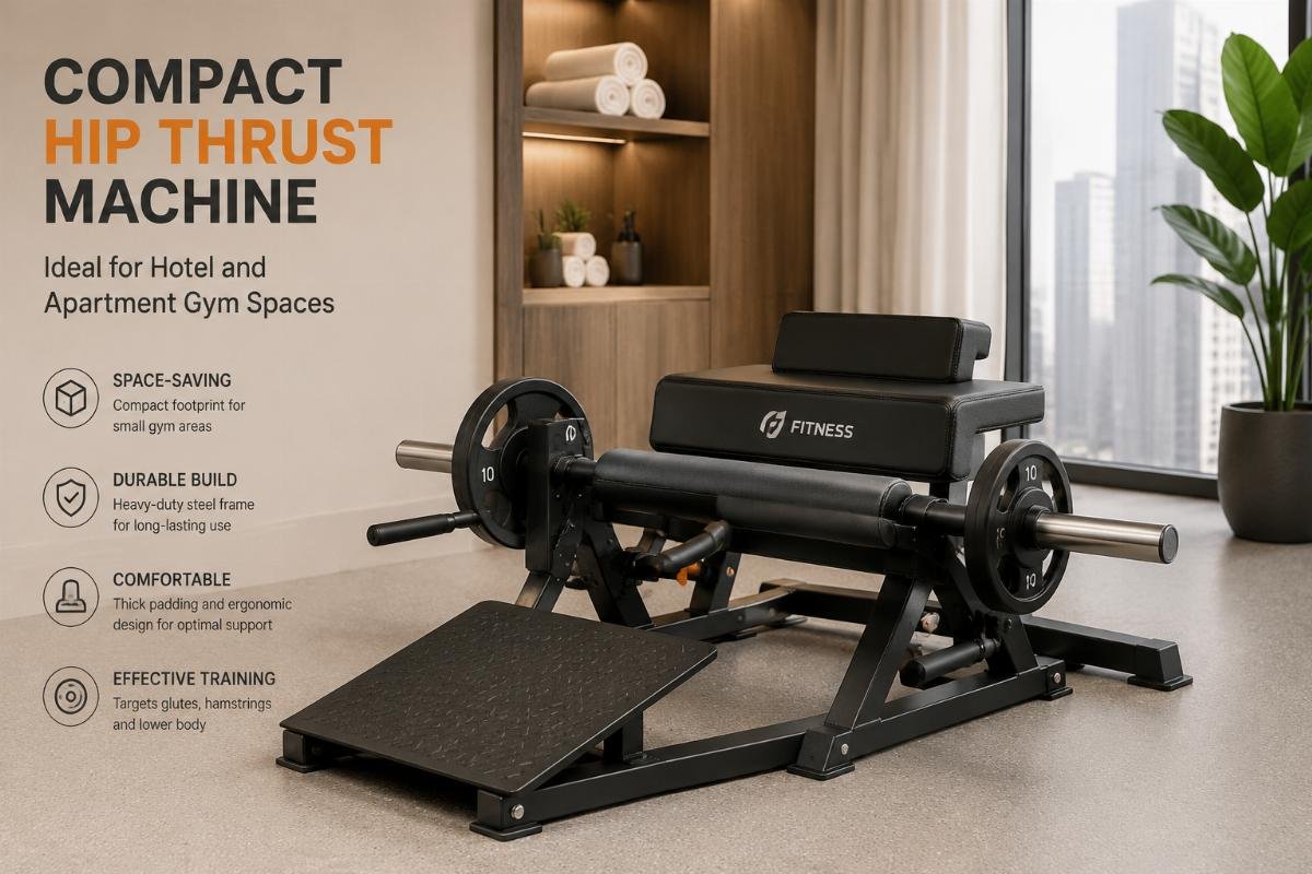 Compact hip thrust machine designed for hotel and apartment gym spaces