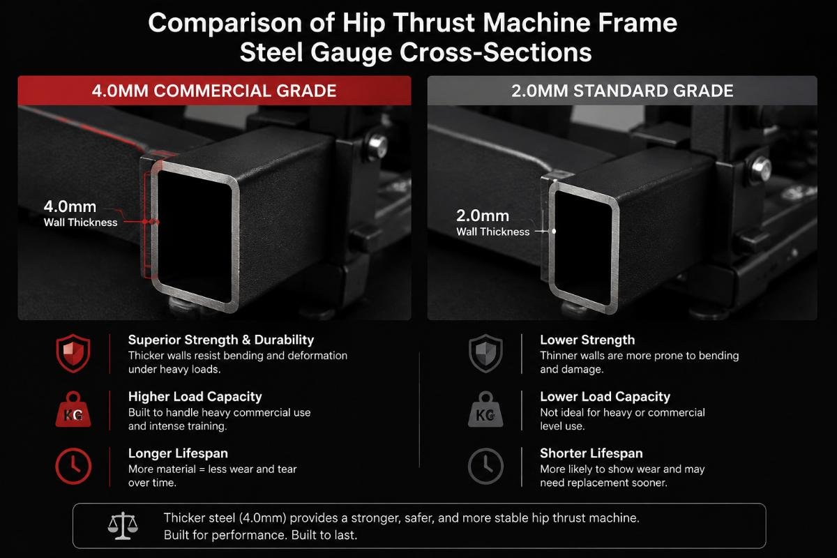 Comparison of hip thrust machine frame steel gauge cross-sections showing wall thickness difference