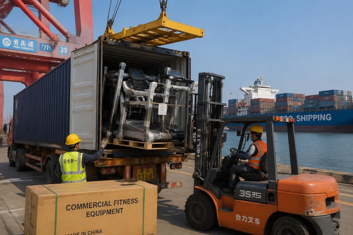 Container loading of commercial fitness equipment at a Chinese port with cargo ships in background