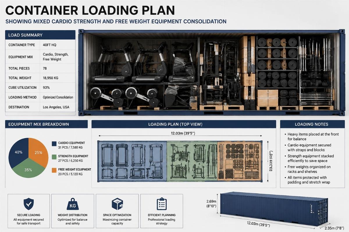 Container loading plan showing mixed cardio strength and free weight equipment consolidation