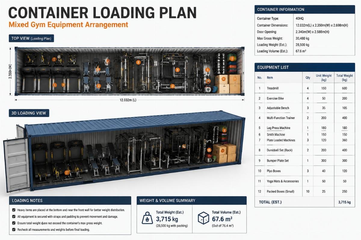 Container loading plan showing mixed gym equipment arrangement