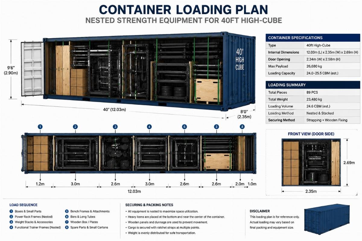 Container loading plan showing nested strength equipment for a 40ft high-cube