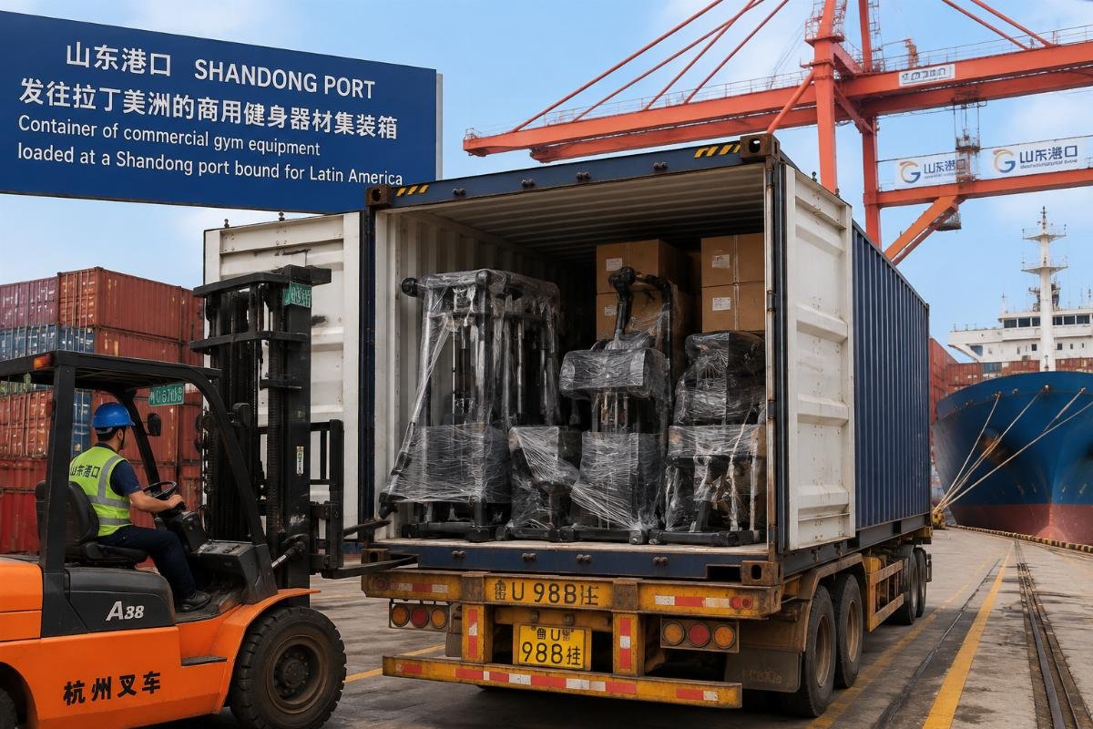 Container of commercial gym equipment loaded at a Shandong port bound for Latin America