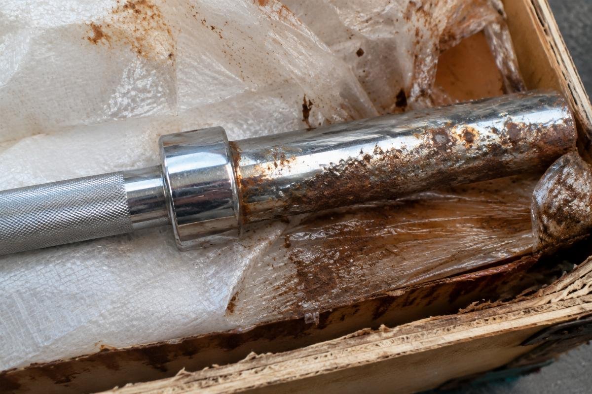 Corroded chrome-plated gym equipment bar due to inadequate ocean freight packaging