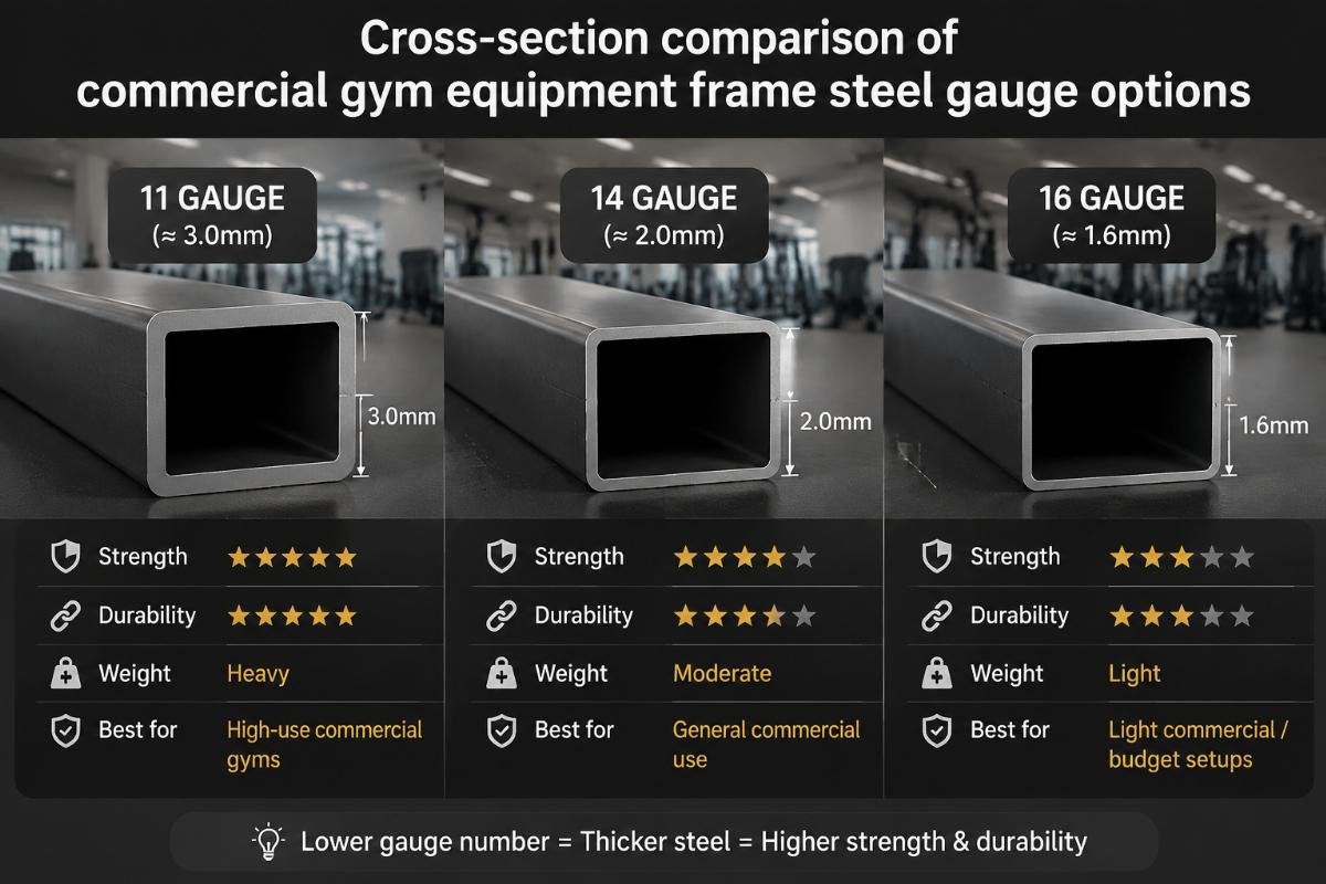 Cross-section comparison of commercial gym equipment frame steel gauge options