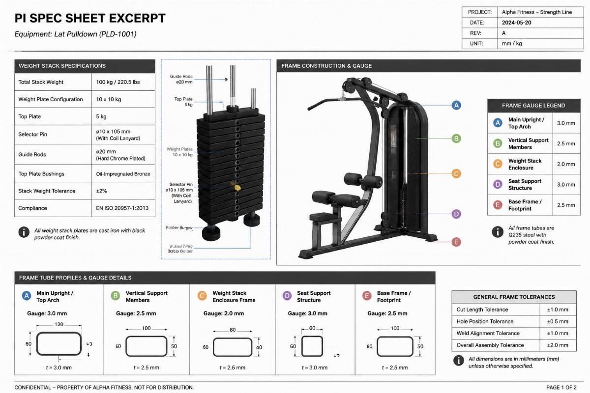 Detailed PI spec sheet excerpt showing per-machine weight stack and frame gauge callouts