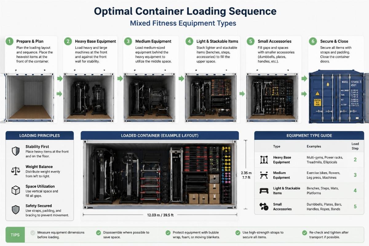 Diagram showing optimal container loading sequence with mixed fitness equipment types