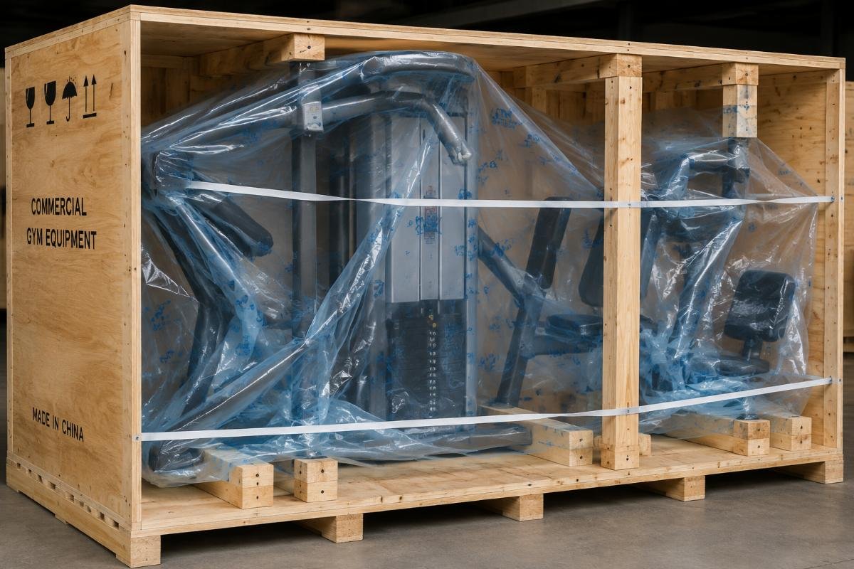 Export-grade packaging of commercial gym equipment with VCI wrapping and bracing