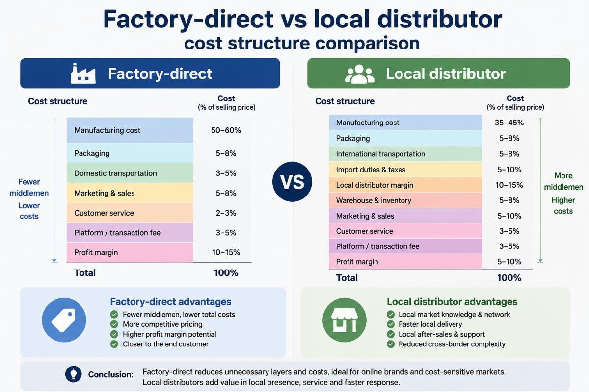 Factory-direct vs local distributor cost structure comparison diagram