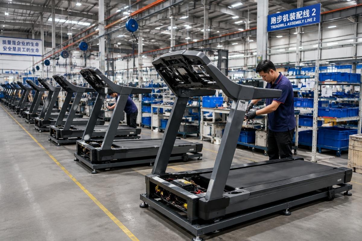 Factory floor showing commercial treadmill assembly with heavy-gauge steel frames
