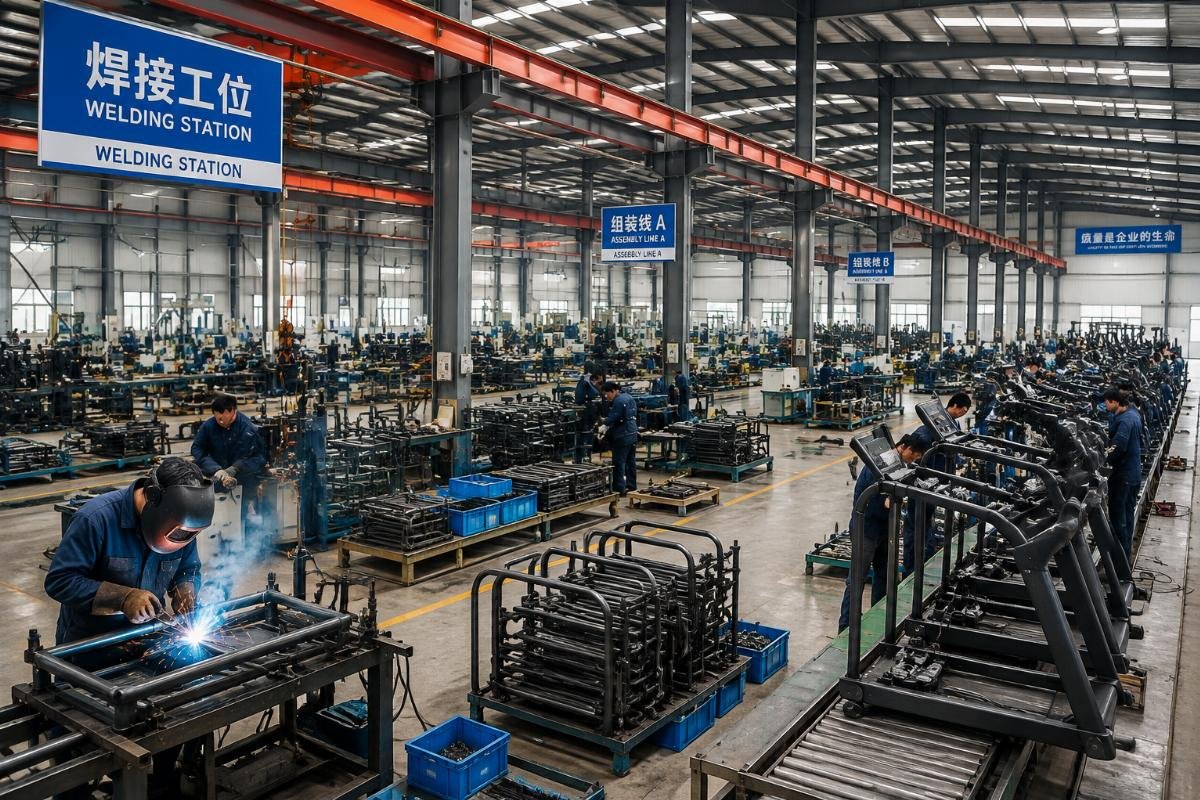 Factory floor showing welding stations and assembly lines for commercial fitness equipment production