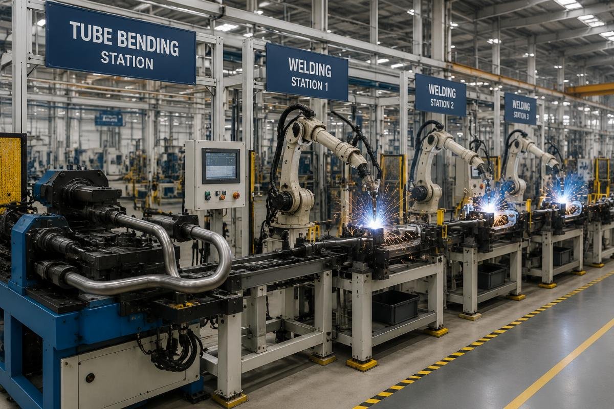 Factory production line showing tube bending and welding stations