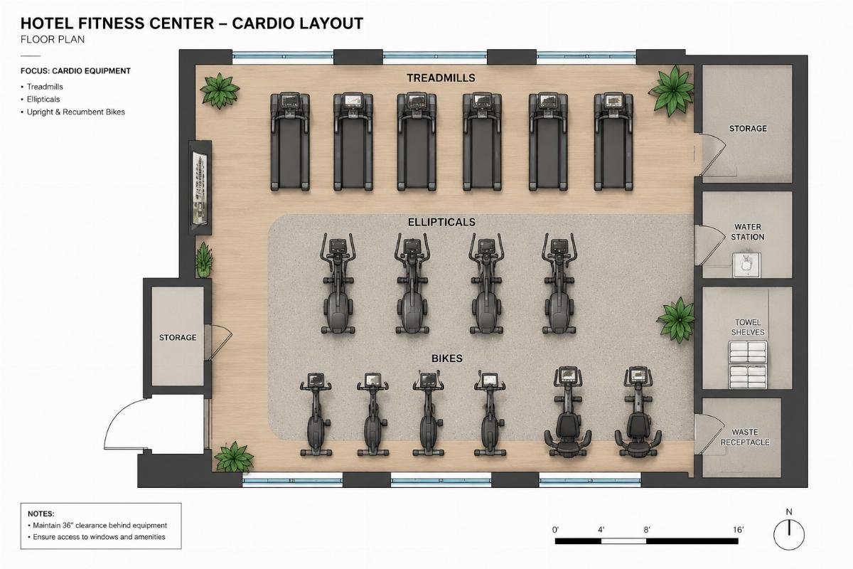Floor plan showing cardio equipment layout for a hotel fitness center with treadmills ellipticals and bikes