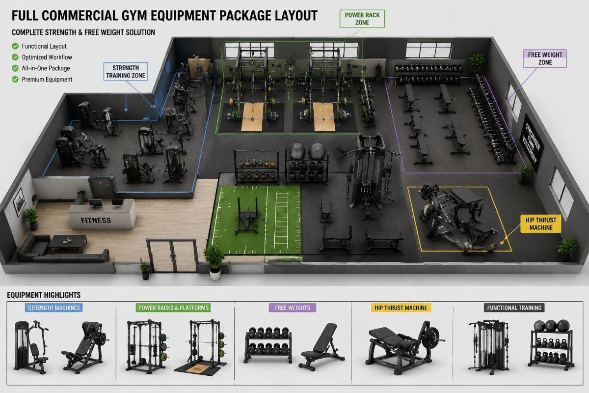 Full commercial gym equipment package layout showing hip thrust machine integrated with strength and free weight zones