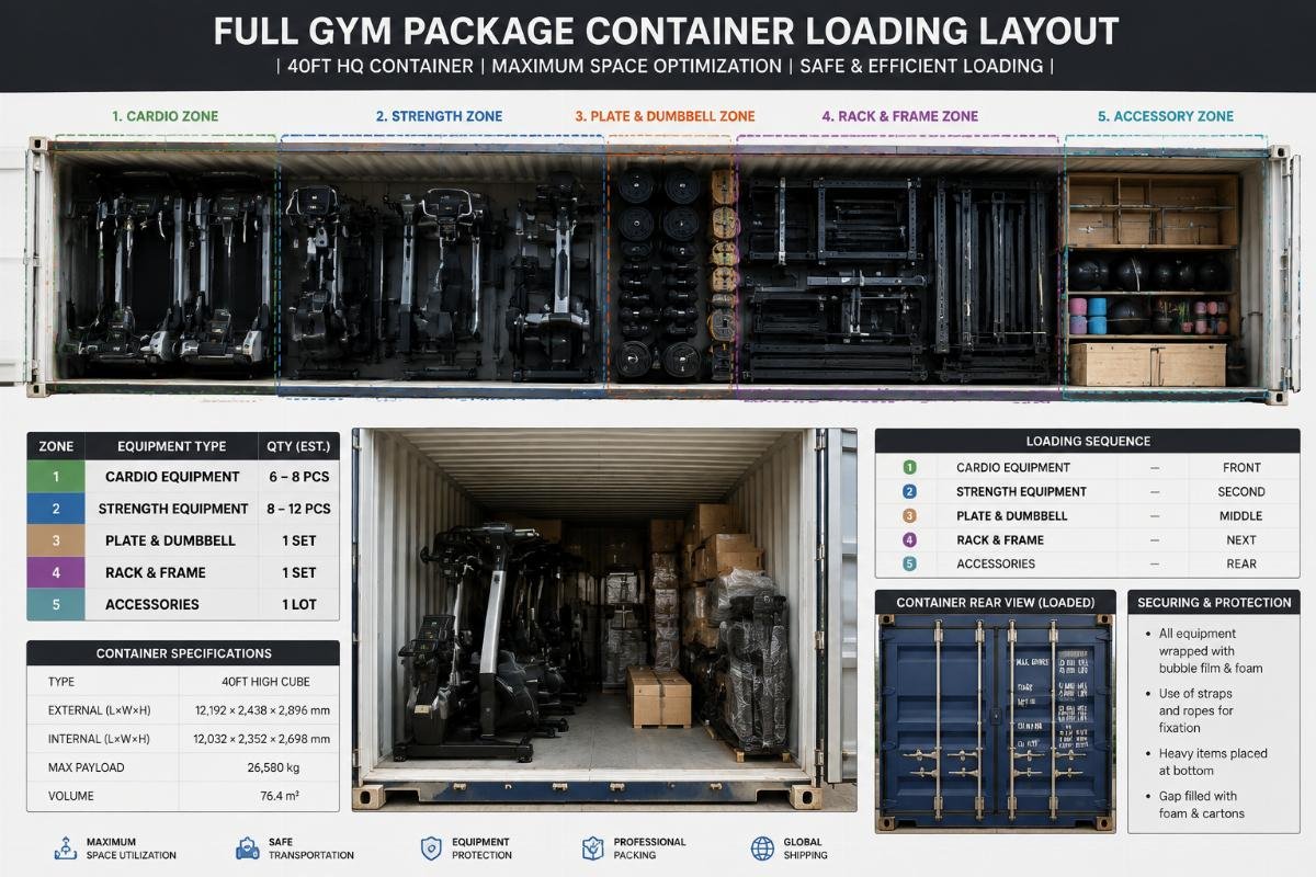 Full gym package container loading layout showing mixed equipment zones