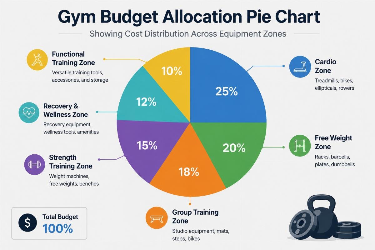 Gym budget allocation pie chart showing cost distribution across equipment zones