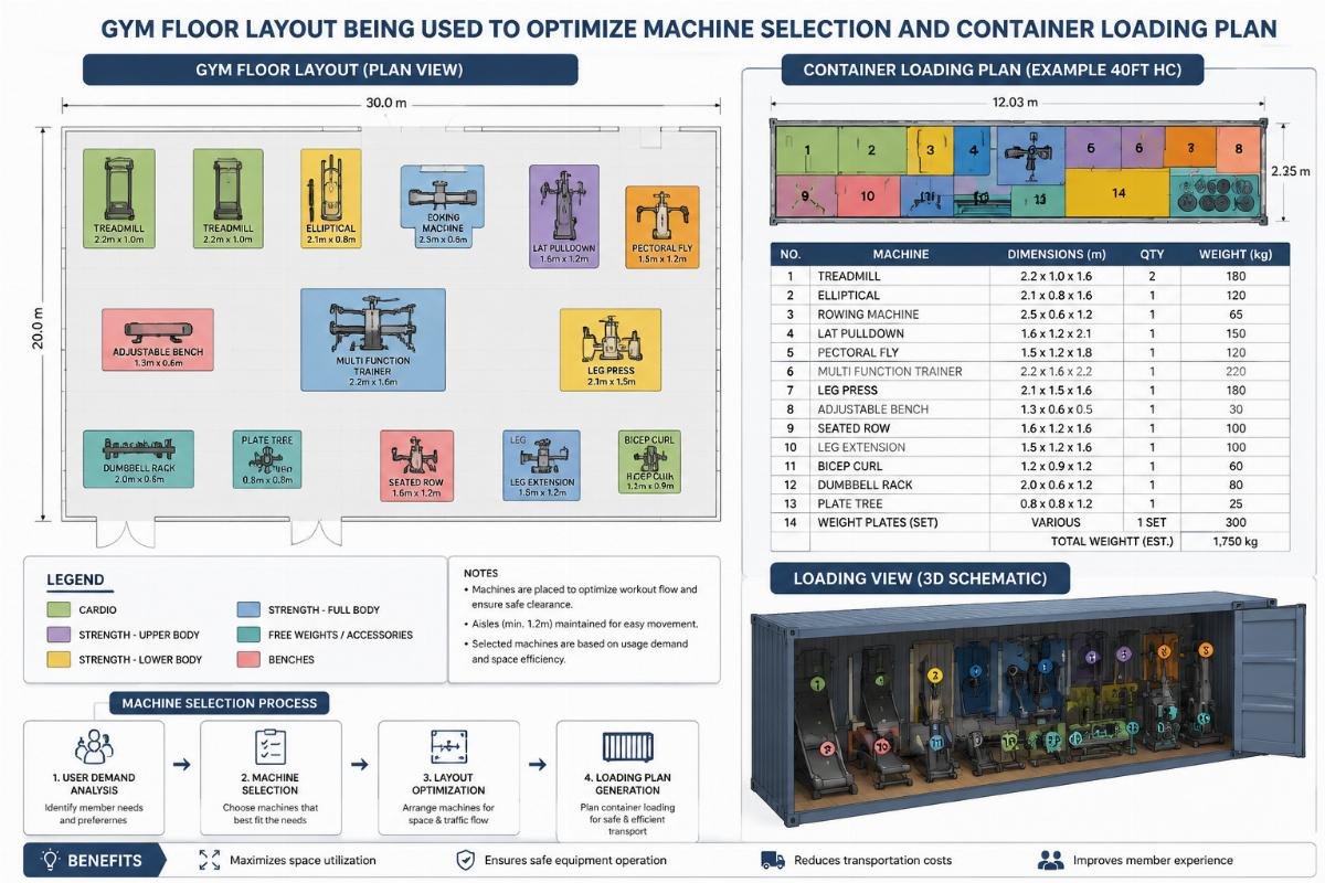 Gym floor layout being used to optimize machine selection and container loading plan