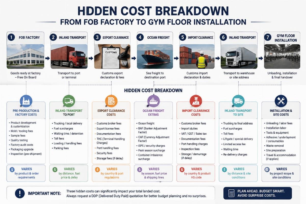 Hidden cost breakdown flowchart from FOB factory to gym floor installation