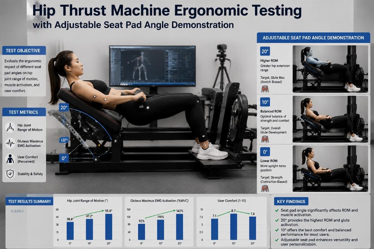 Hip thrust machine ergonomic testing with adjustable seat pad angle demonstration