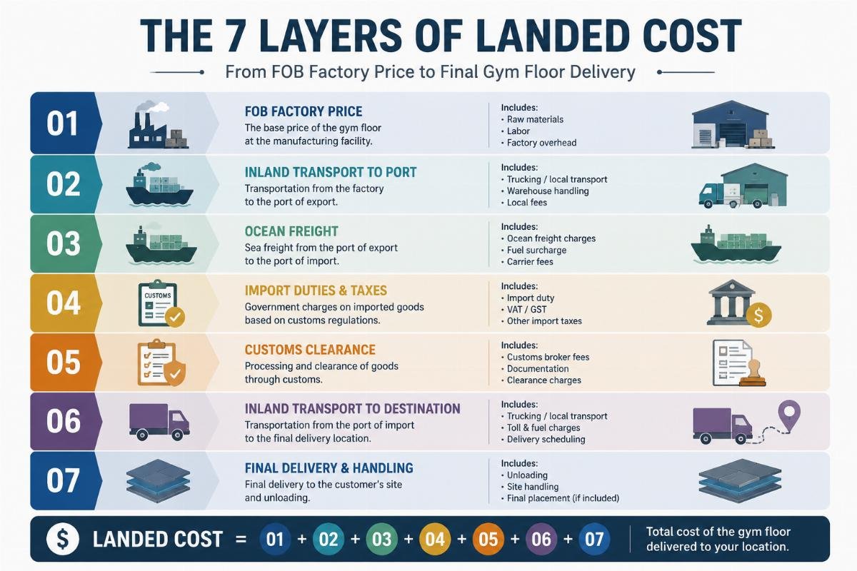 Infographic showing the seven layers of landed cost from FOB factory price to final gym floor delivery