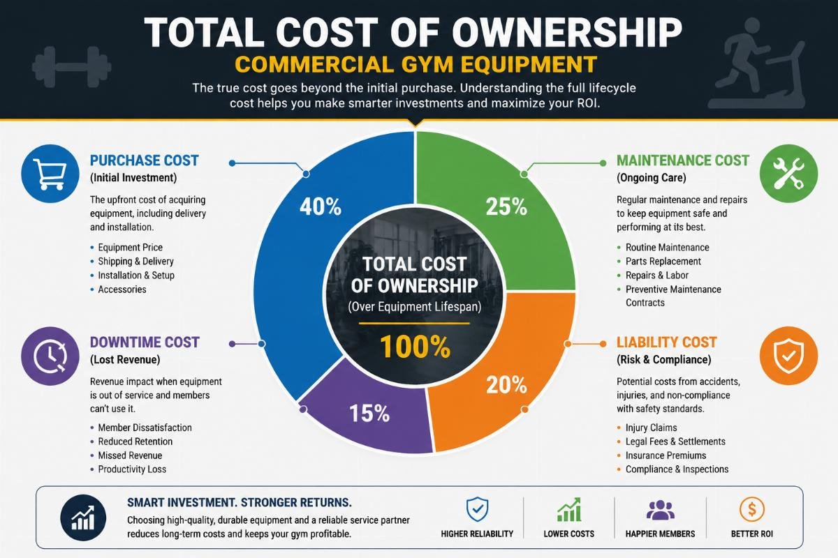 Infographic showing total cost of ownership breakdown for commercial gym equipment including purchase, maintenance, downtime, and liability