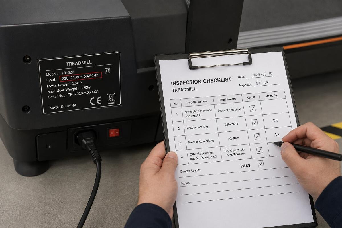 Inspection checklist being used to verify treadmill nameplate voltage and frequency markings