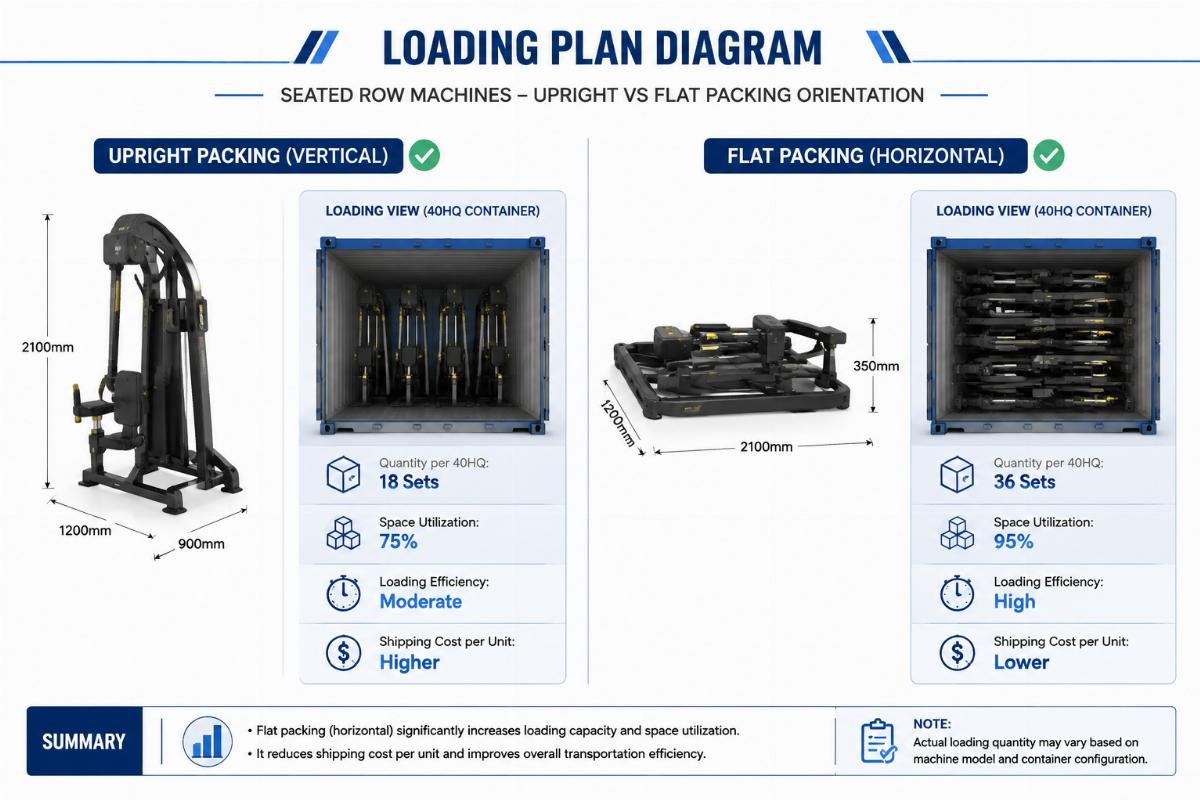 Loading plan diagram showing upright vs flat packing orientation for seated row machines