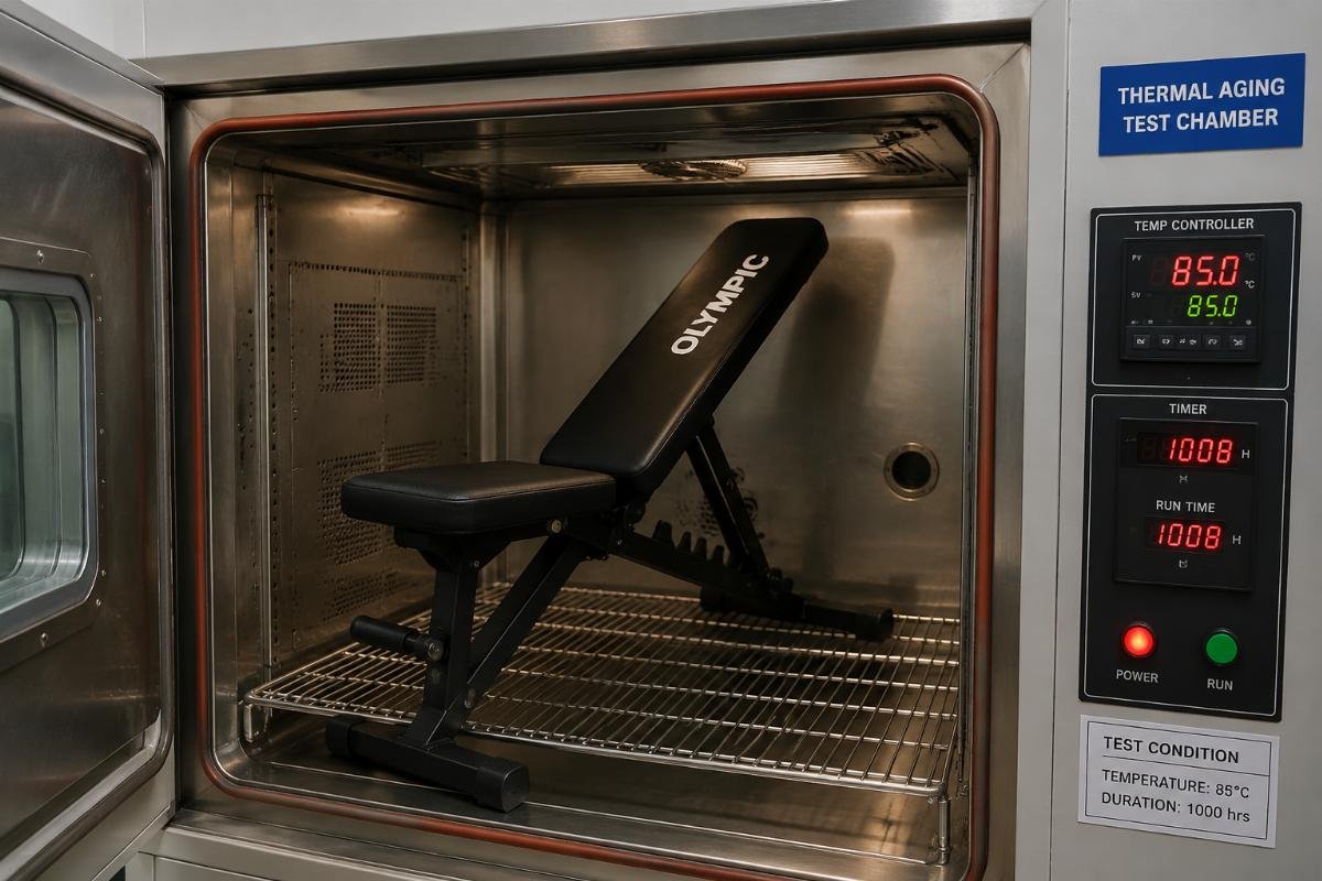 Olympic adjustable bench undergoing thermal aging test on upholstery material in laboratory setting
