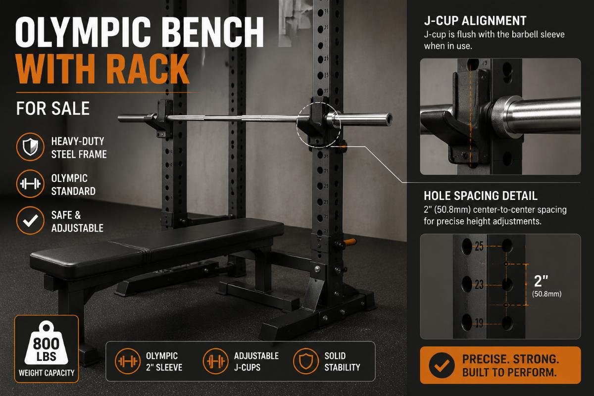 Olympic bench with rack for sale showing J-cup alignment with barbell sleeve and hole spacing measurement detail