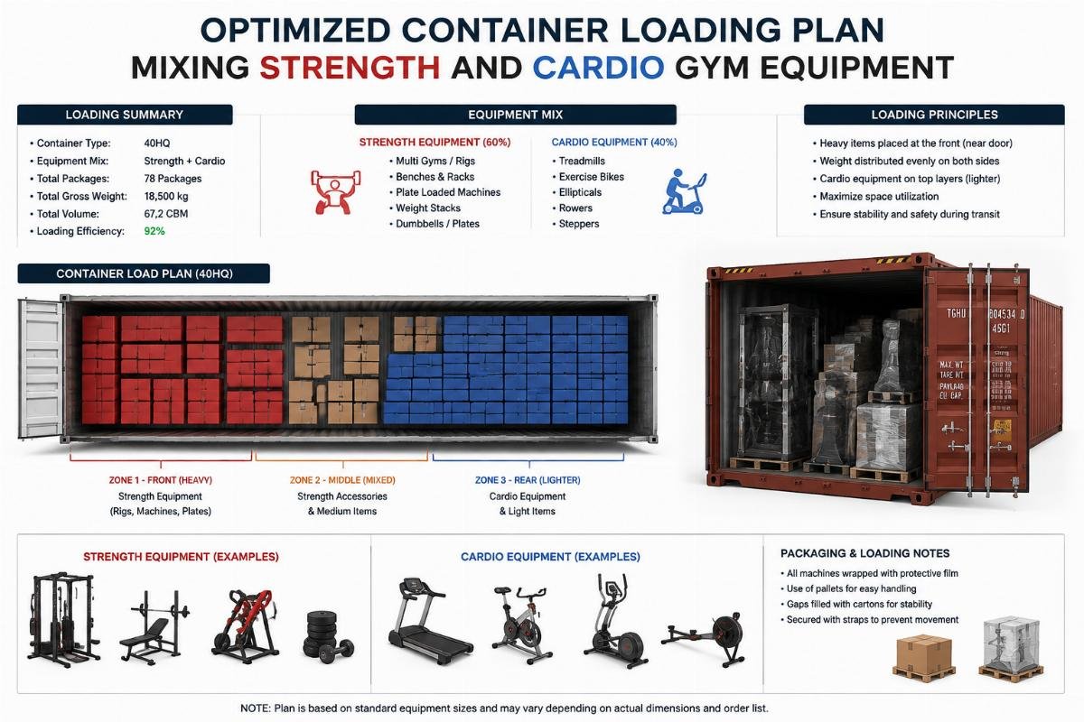 Optimized container loading plan mixing strength and cardio gym equipment