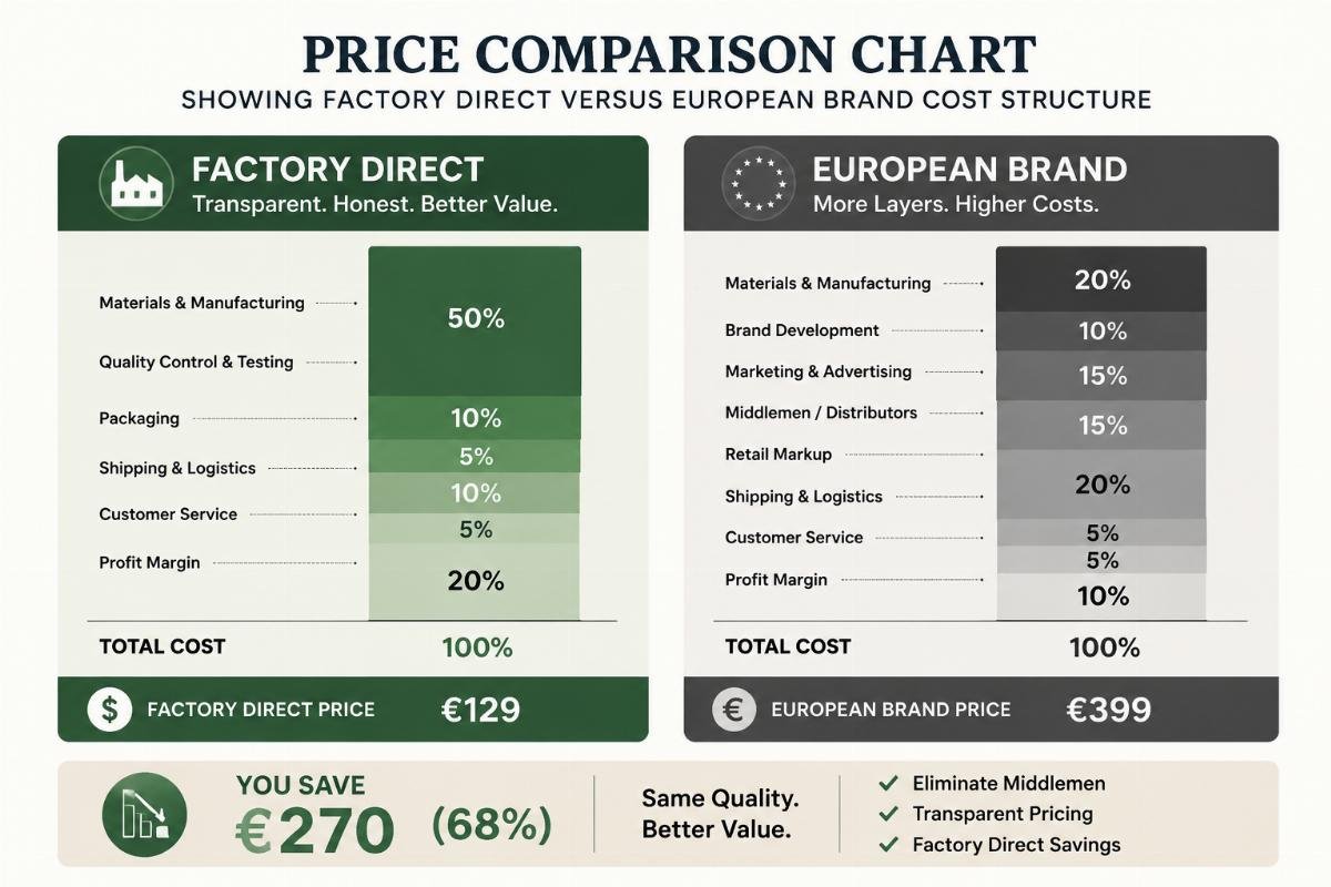 Price comparison chart showing factory direct versus European brand cost structure