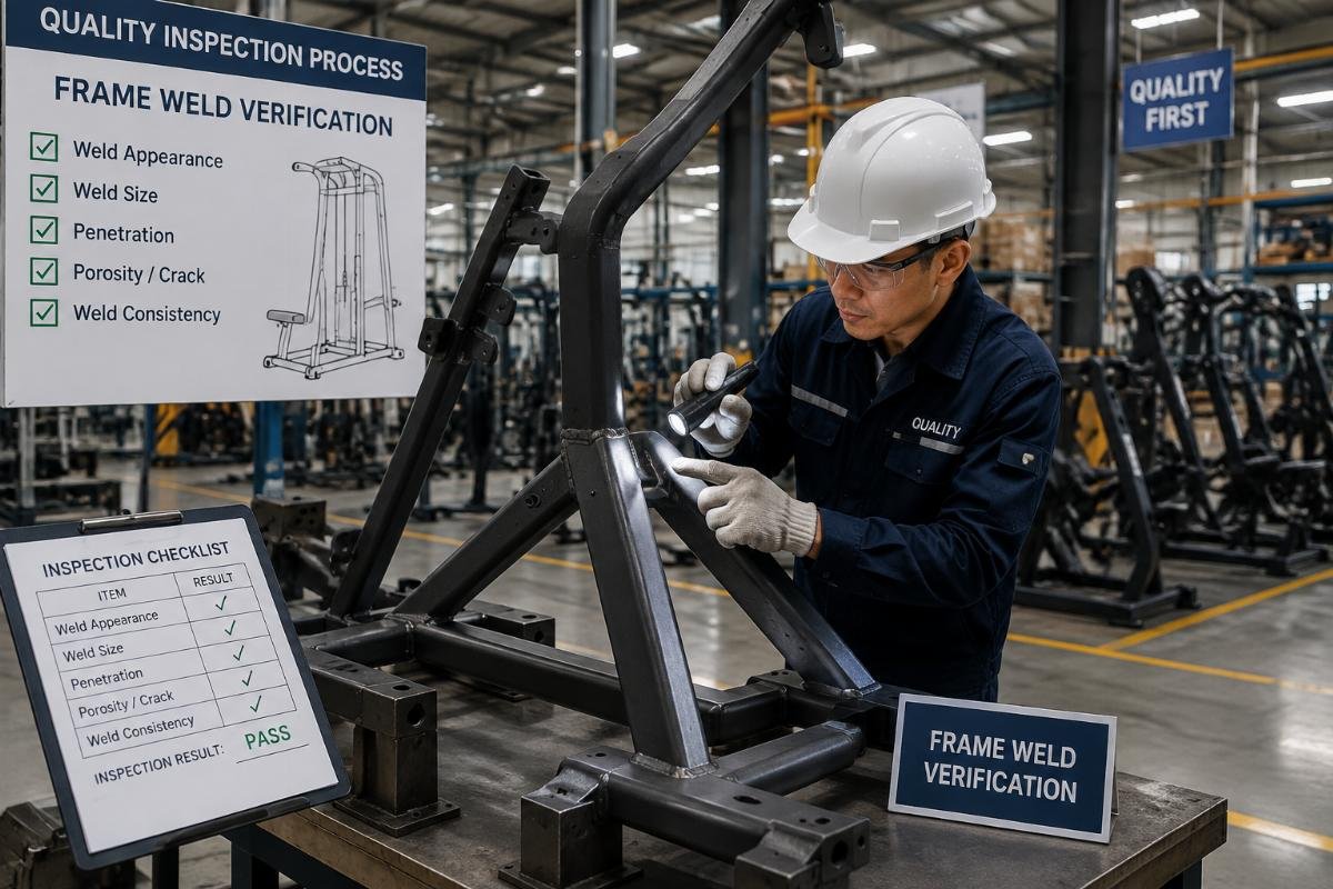 Quality inspection process at a commercial fitness equipment manufacturing facility showing frame weld verification